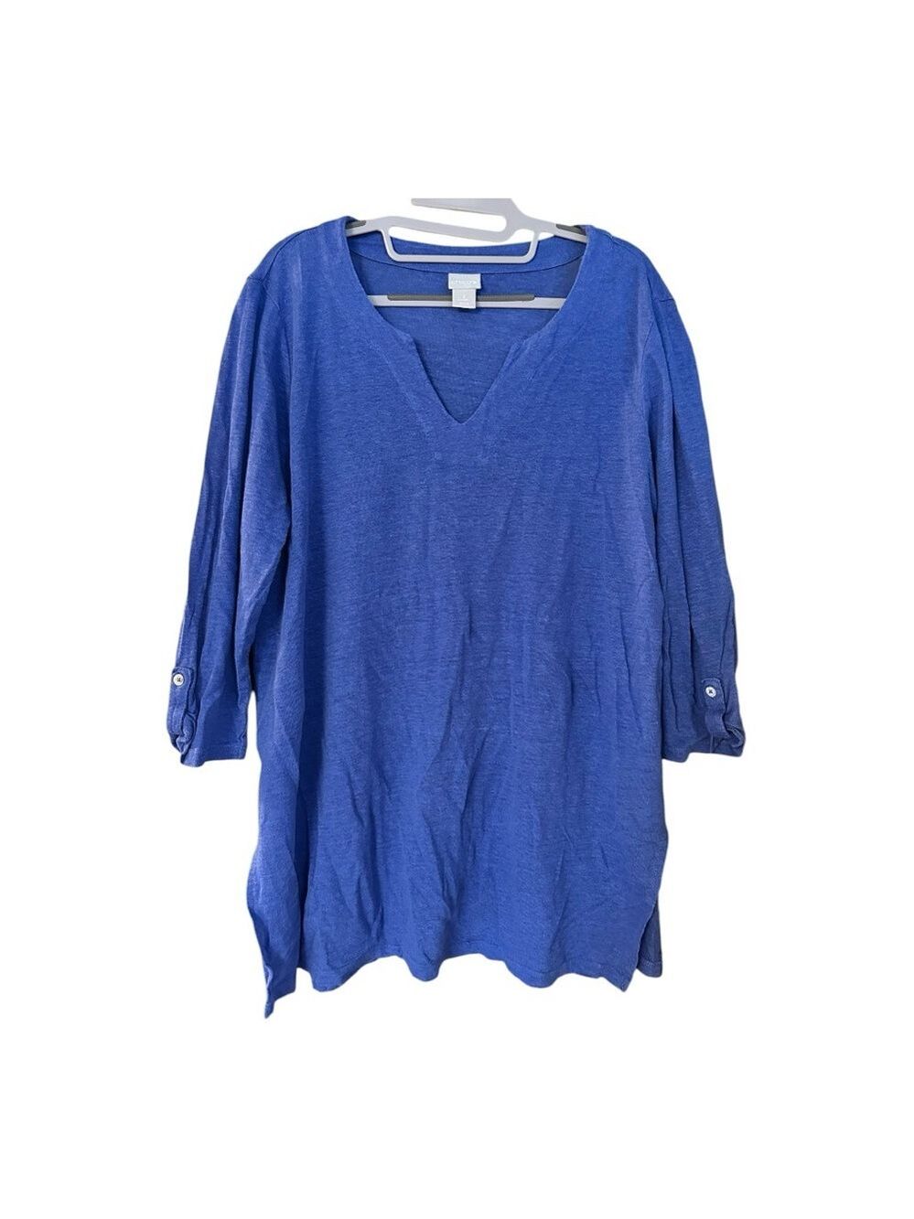 Chico’s 100% Linen V Neck Indigo Blue Roll Tab 3 Quarter Sleeve Top - Picture 2 of 8